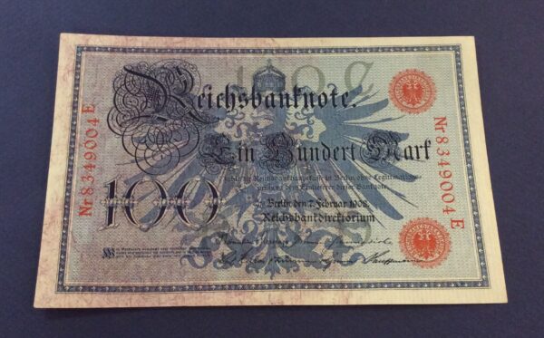 1908 Reich Bank Note 100 Mark GERMANY  No 8349004 GB109