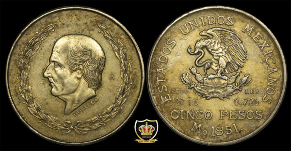 5 Pesos Mexico 1951 Silver - Χρυσαφένια πατίνα PG12