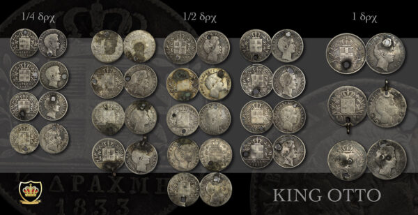 King Otto (1 Drachmai, 1/2 Drachmai and 1/4 Drachmai - various years) Silver Coins with hole