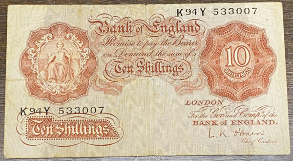 1950s Bank Of England - 10 Shillings Banknote L.K O'Brien PGB