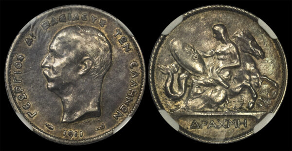 Greece 1 Drachmai 1911 Silver Coin NGC AU55 UNC PGC