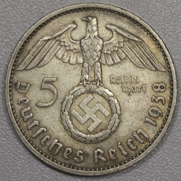 1938 Germany THIRD REICH 5 REICHSMARK 1938 WWII Silver PGC90