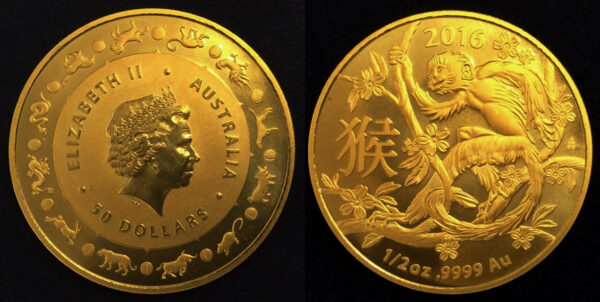 Australian Elizabeth II 1/2 Oz Gold 50 Dollars "Lunar Monkey" 2016