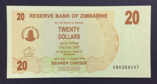 Zimbabwe 20 Dollars 2007 UNC GB826
