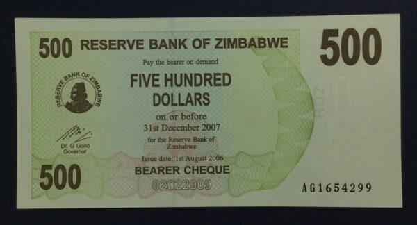 Zimbabwe 500 Dollars 2007 UNC GB827