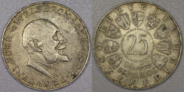 1958 25 Schilling Austria Silver UNC PGC107