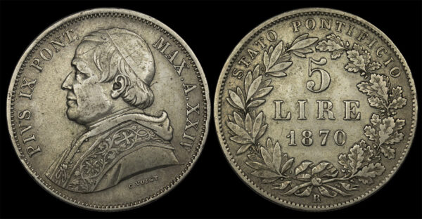 1870 5 Lire - Pius IX Papal States PGC152