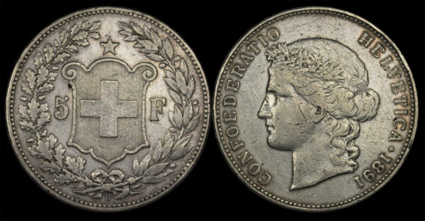 1891 5 Francs Head of Helvetia Switzerland PGC185