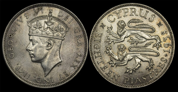 1938 GEORGE VI 18 PIASTRES SILVER CYPRUS  PGC209