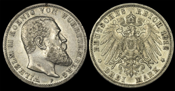 1912 3 Mark -  Kingdom of Württemberg (German States)  PGC217
