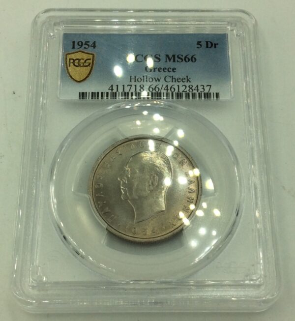 5 Drachmai 1954 MS66 HALLOW CHEEK
