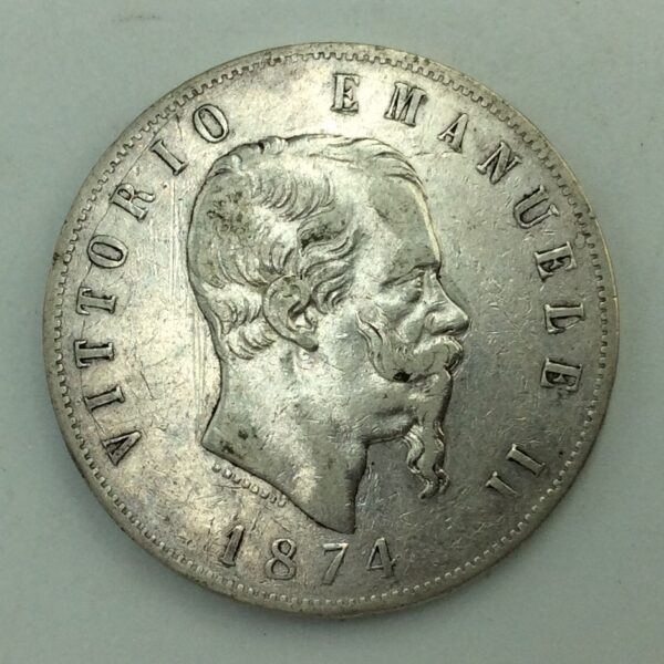 Italy 5 Lire 1874 Silver Coin GC654