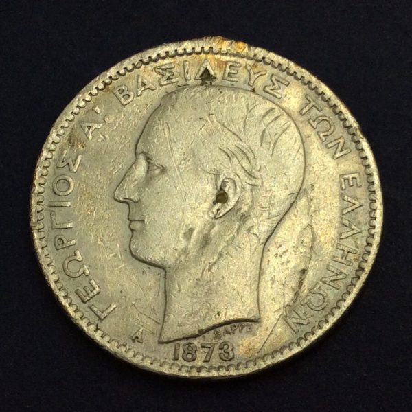 Greece 1 Drachmai 1873 Silver Coin GC726