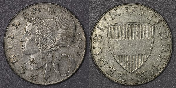 1970 10 Schilling Austria Silver UNC PGC394
