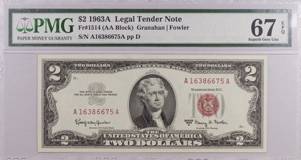 1963 $2 Legal Tender Note Fr-1514 PMG67 Superb Gem EPQ PGB72