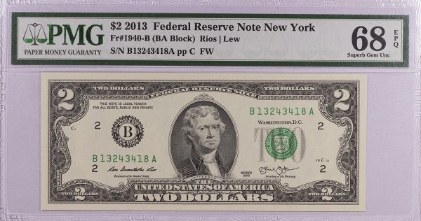 2013 $2 FRN FR1940-B PMG 68 EPQ, New York, S/N B13243418A UNC PGB71