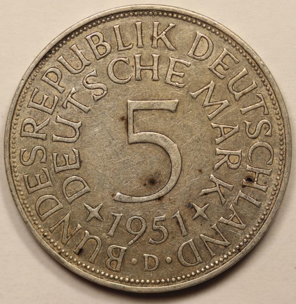 Germany 5 Mark 1951 D Silver Coin GC880