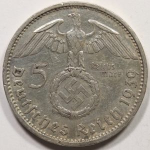 Alternative view of 5 Mark 1939 A Silver Coin GC952