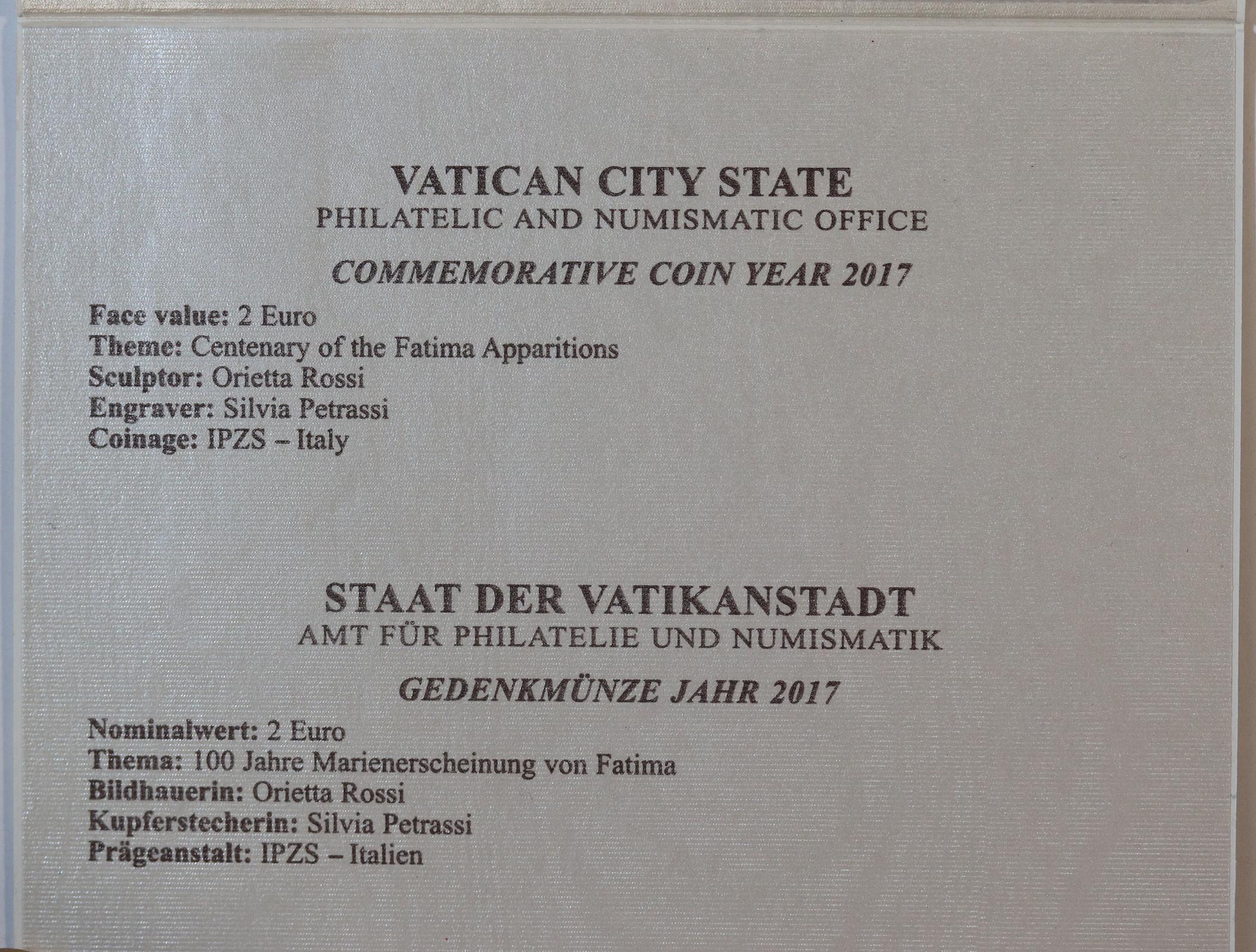 2017 Vatican Centenary of the Fatima Apparitions 2 Euro BU Coin - Image 2