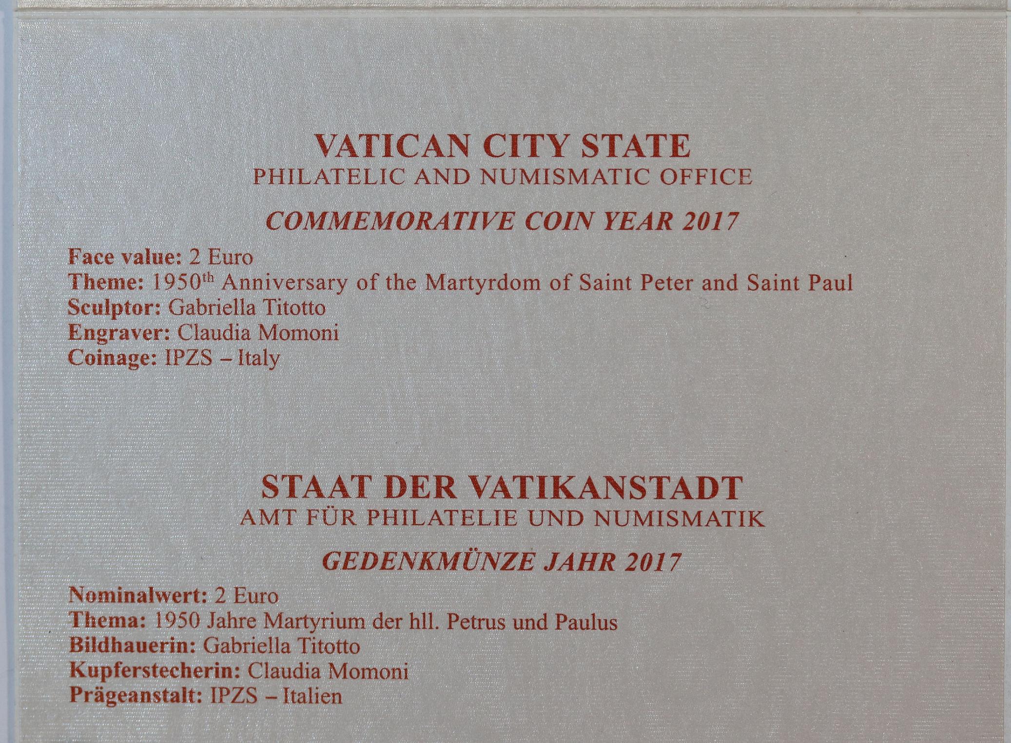 2017 Vatican 1950th Anniversary of the Martyrdom of Saint Peter and Saint Paul 2 Euro BU Coin - Image 4